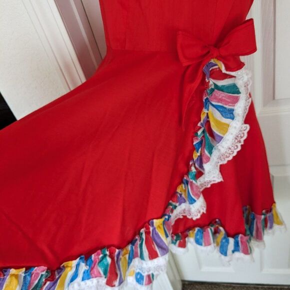 Vintage Rockmount Ranch Wear Dress - 16 - Red & Rainbow w/ Ruffles, Bows, Lace - Picture 12 of 15